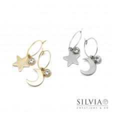 Orecchini a cerchio in acciaio con stella e luna oro o argento
