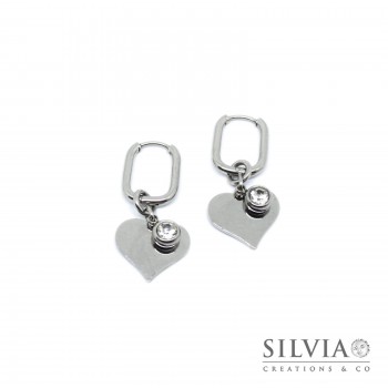 Orecchini a cerchio allungato in acciaio ciondolo cuore e cristallo bianco