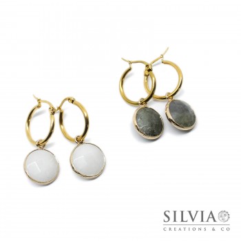 Orecchini a cerchio acciaio dorato ciondolo giada bianca o labradonite grigia