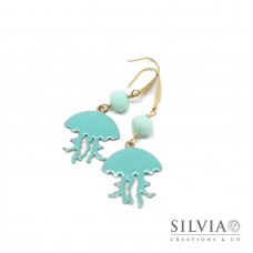 Orecchini con monachella a goccia in acciaio color oro con medusa azzurro acqua