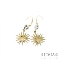 Orecchini in acciaio dorato ciondolo sole e cristallo