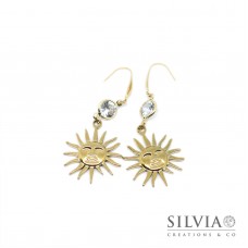 Orecchini in acciaio dorato ciondolo sole e cristallo