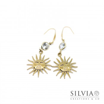Orecchini in acciaio dorato ciondolo sole e cristallo