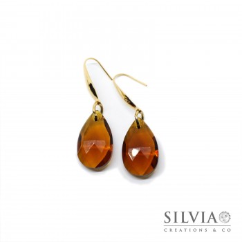 Orecchini in acciaio dorato lacrima di cristallo sfaccettato color caramello 