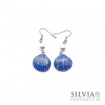Orecchini pendenti con conchiglia blu e argento 55x20 mm