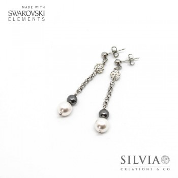 Orecchini a perno con perle Swarovski bianche e grige e catena