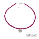 Collana girocollo donna con perle di agata fucsia da 4 mm e cuore