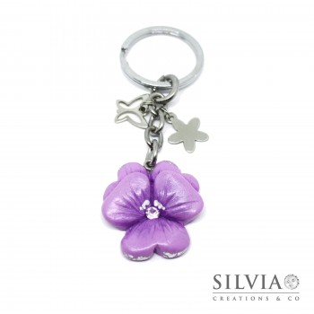Portachiavi fiore viola del pensiero con charms