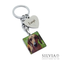 Portachiavi quadrato con fotografia cane gatto coniglio e ciondolo inciso Portachiavi quadrato con fotografia cane gatto coniglio e ciondolo inciso