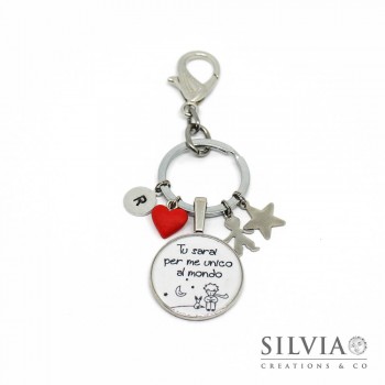 Portachiavi con scritta "Tu sarai per me unico al mondo" e charms