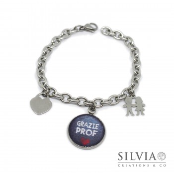 Bracciale catena acciaio con ciondolo Grazie Prof e charms