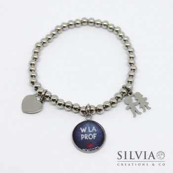 Bracciale elastico perle acciaio ciondolo W LA PROF e charms